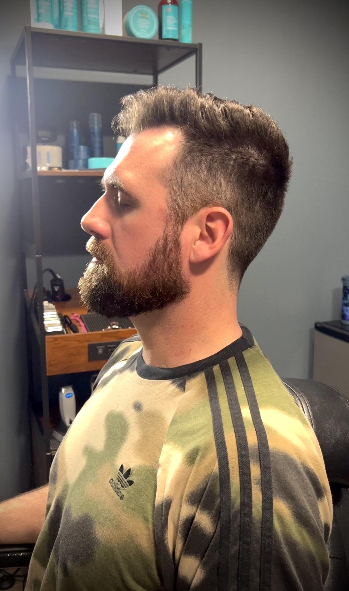 Textured scissor cut with beard trim and razor line-up